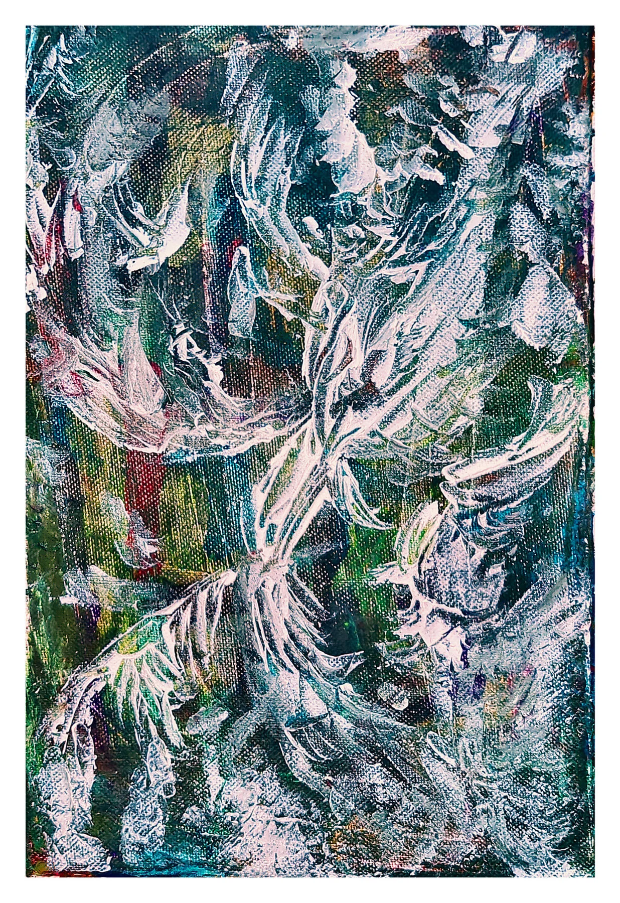 Acrylic abstract with pale green, white, black, and pink textured strokes.