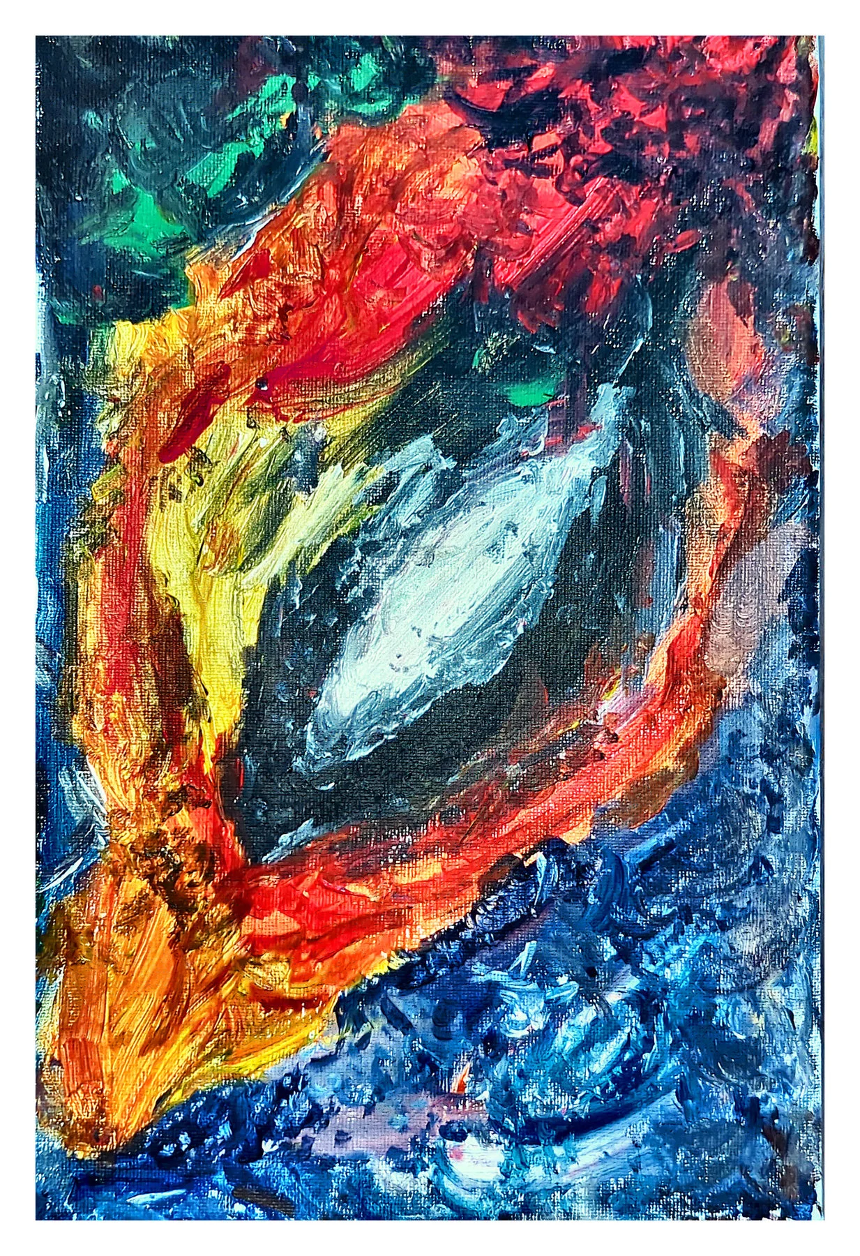 Acrylic abstract with a red circular form around dark blue and pale center marks.