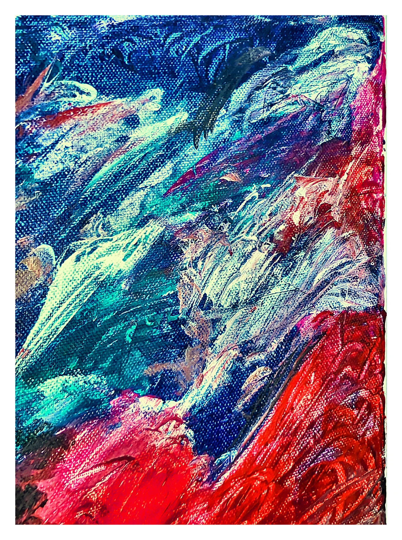 Acrylic abstract with sweeping blue, teal, red, and white textured strokes.