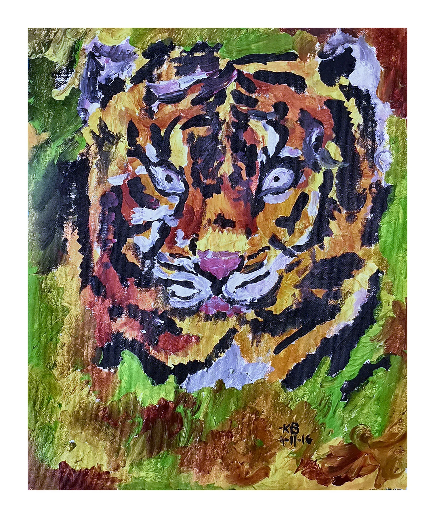 Acrylic tiger face with orange, black, purple, and green textured brushwork.