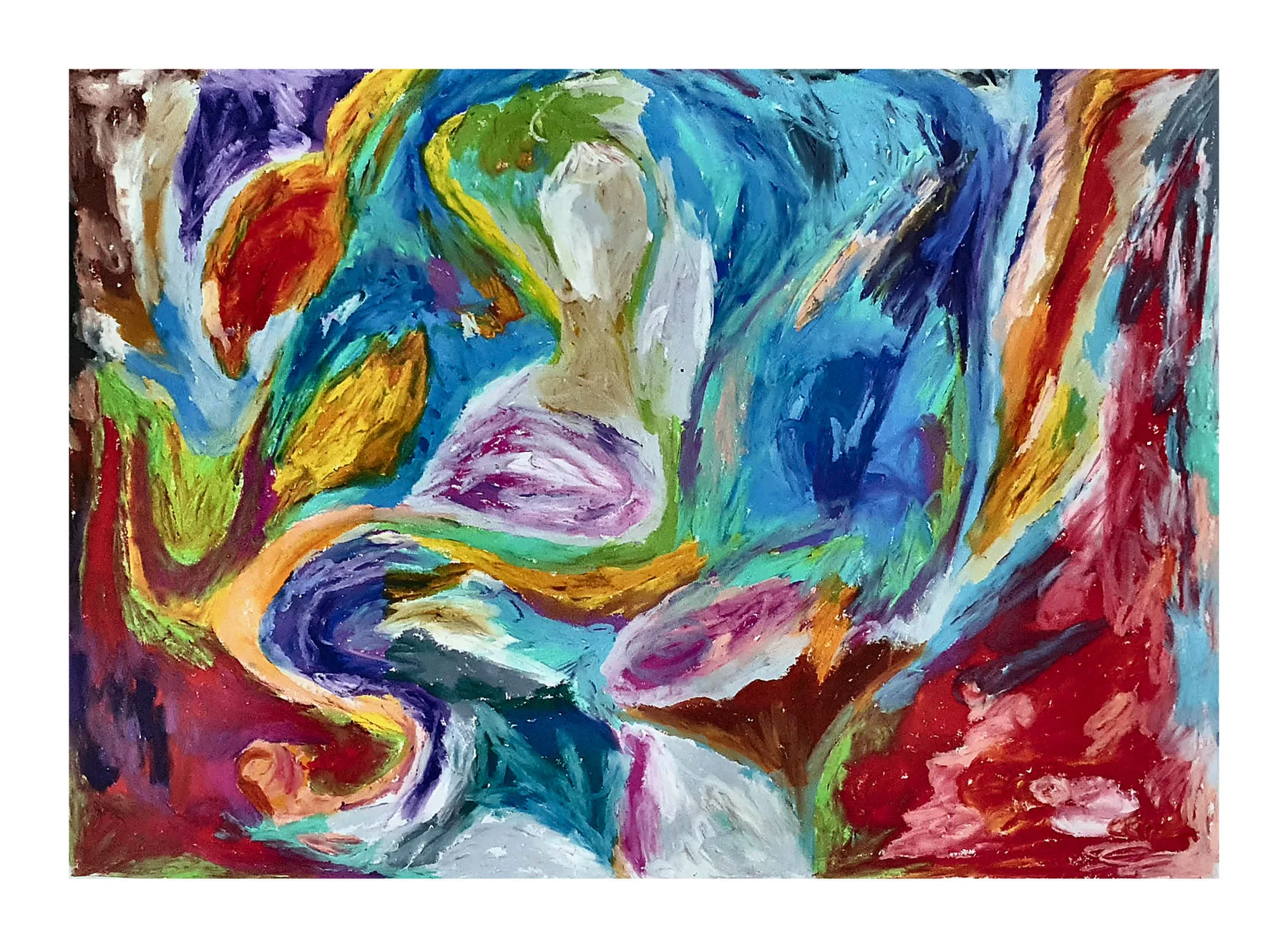 Landscape oil pastel abstract with blue, red, green, and yellow strokes flowing across the page.