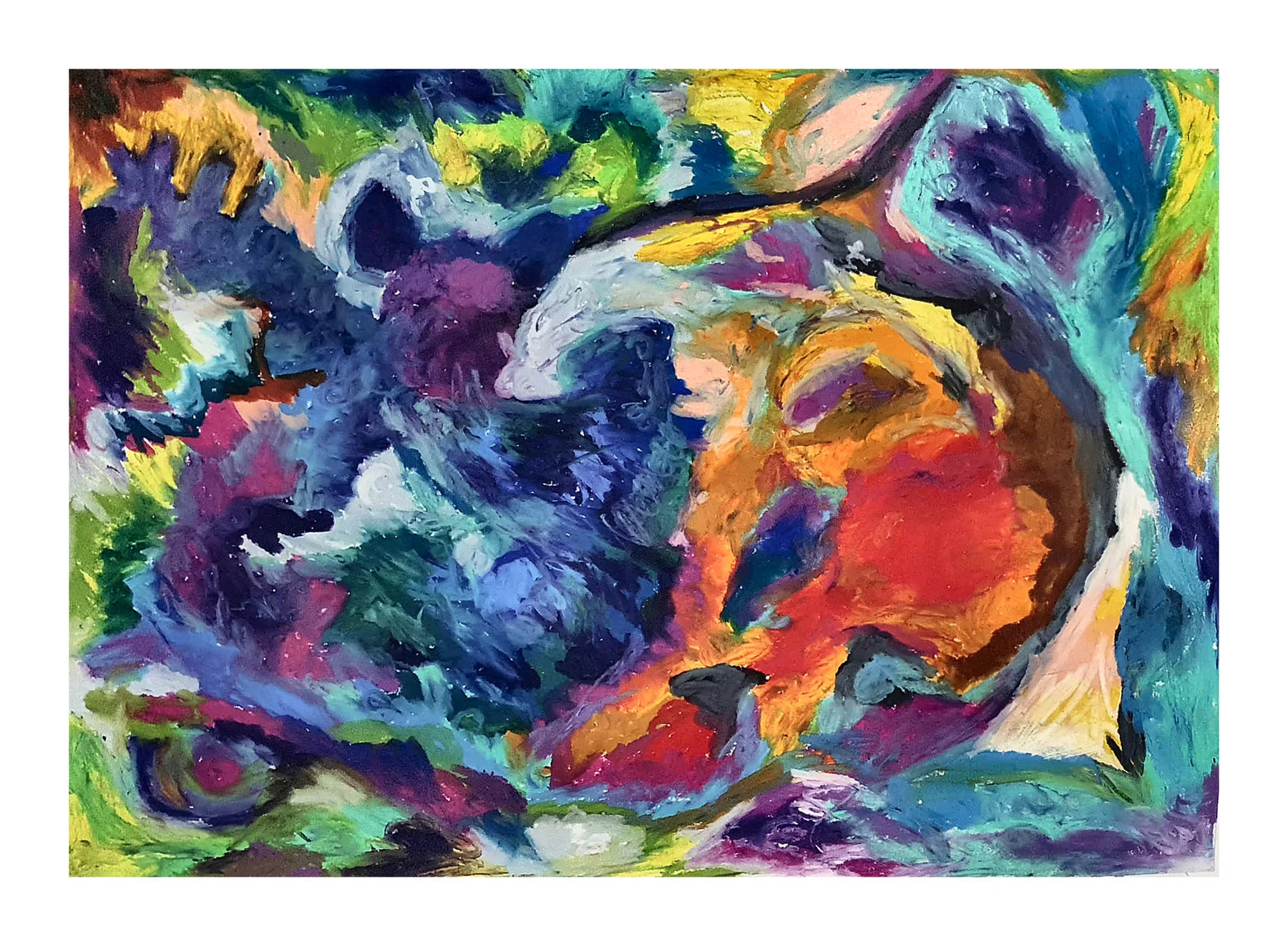 Oil pastel abstract with clustered blue, orange, green, and purple forms.