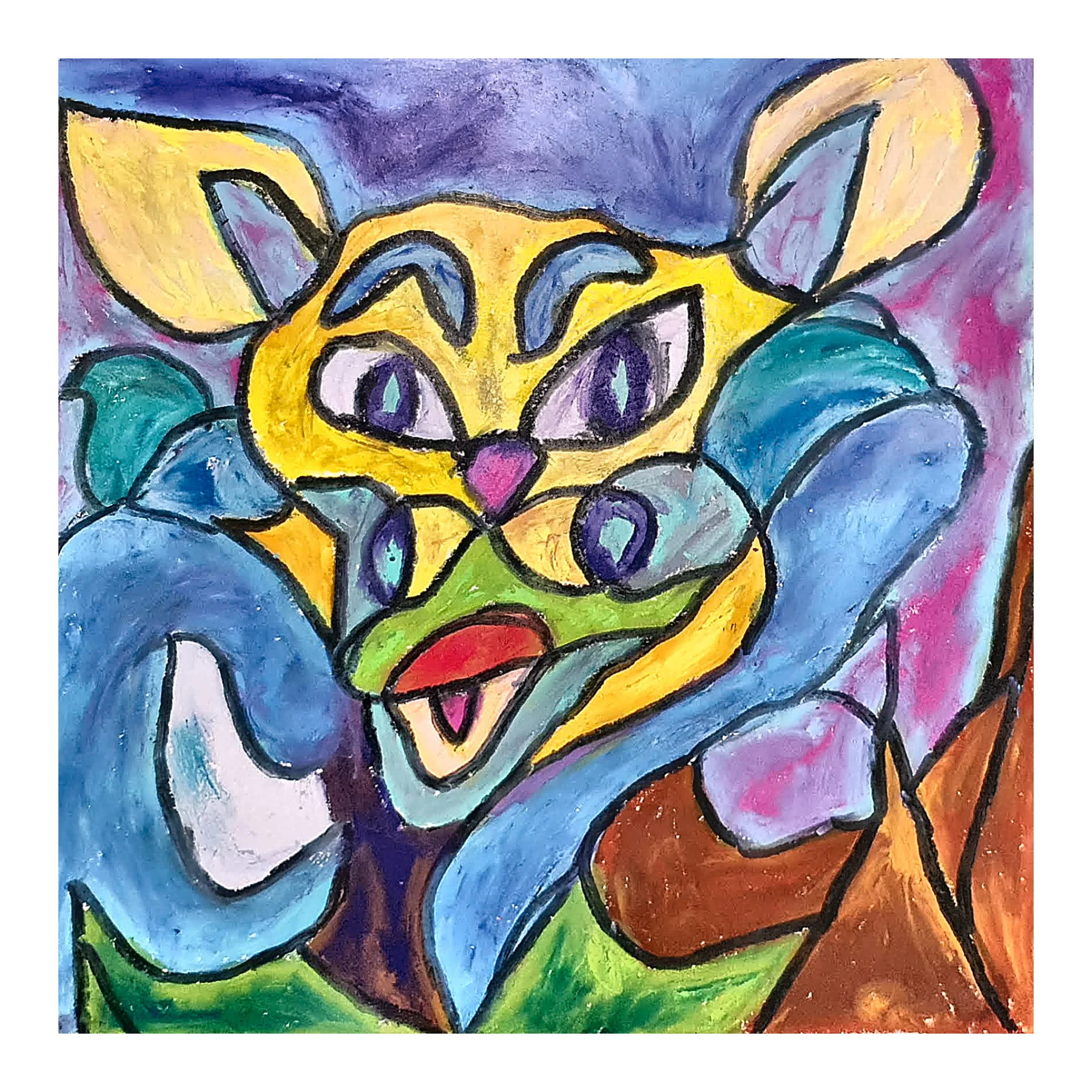 Bright oil pastel animal-like creature with yellow ears, teal shapes, and a purple face.