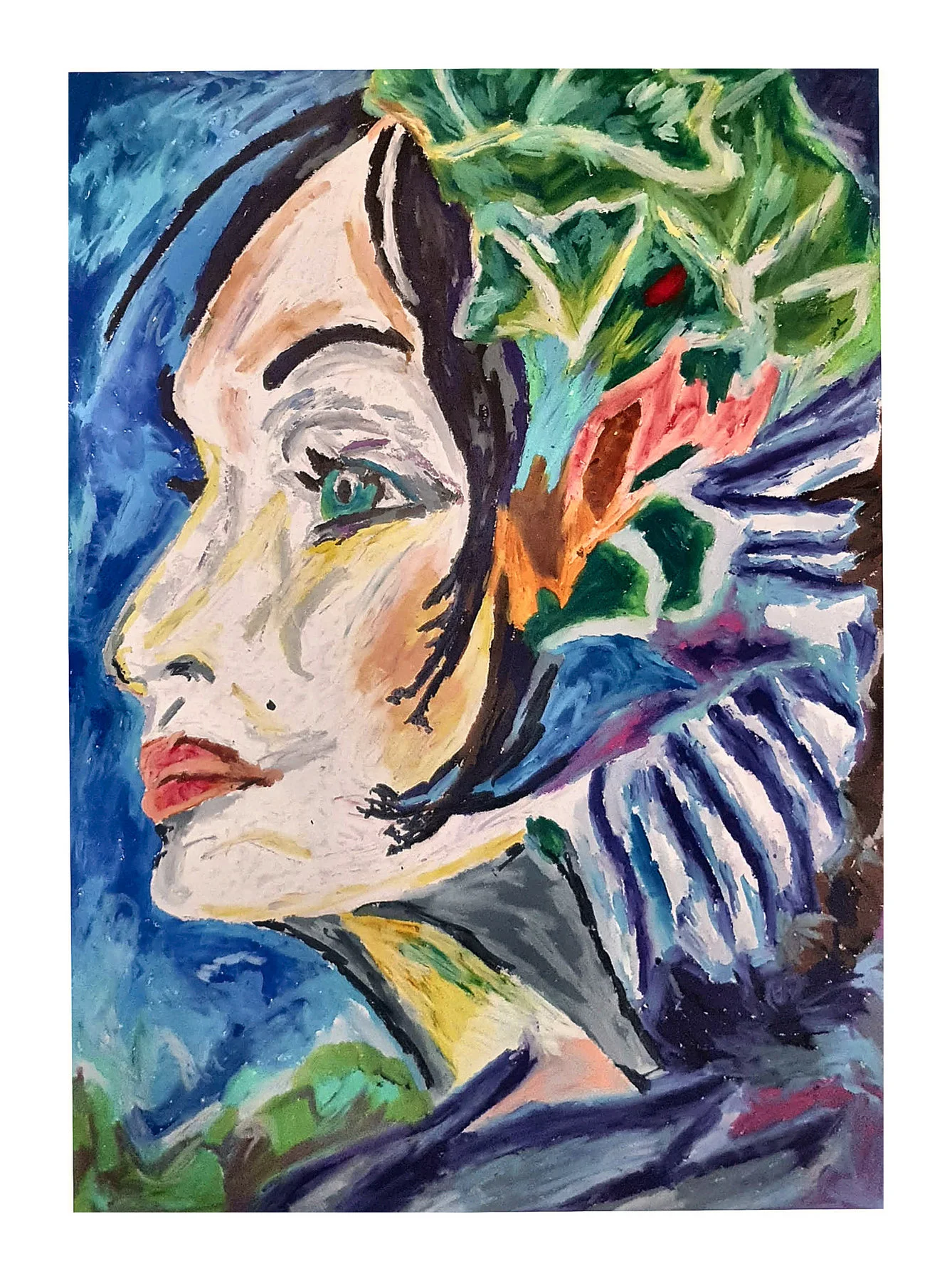Side-profile face in oil pastel with blue shadows, red lips, and green leaf shapes.
