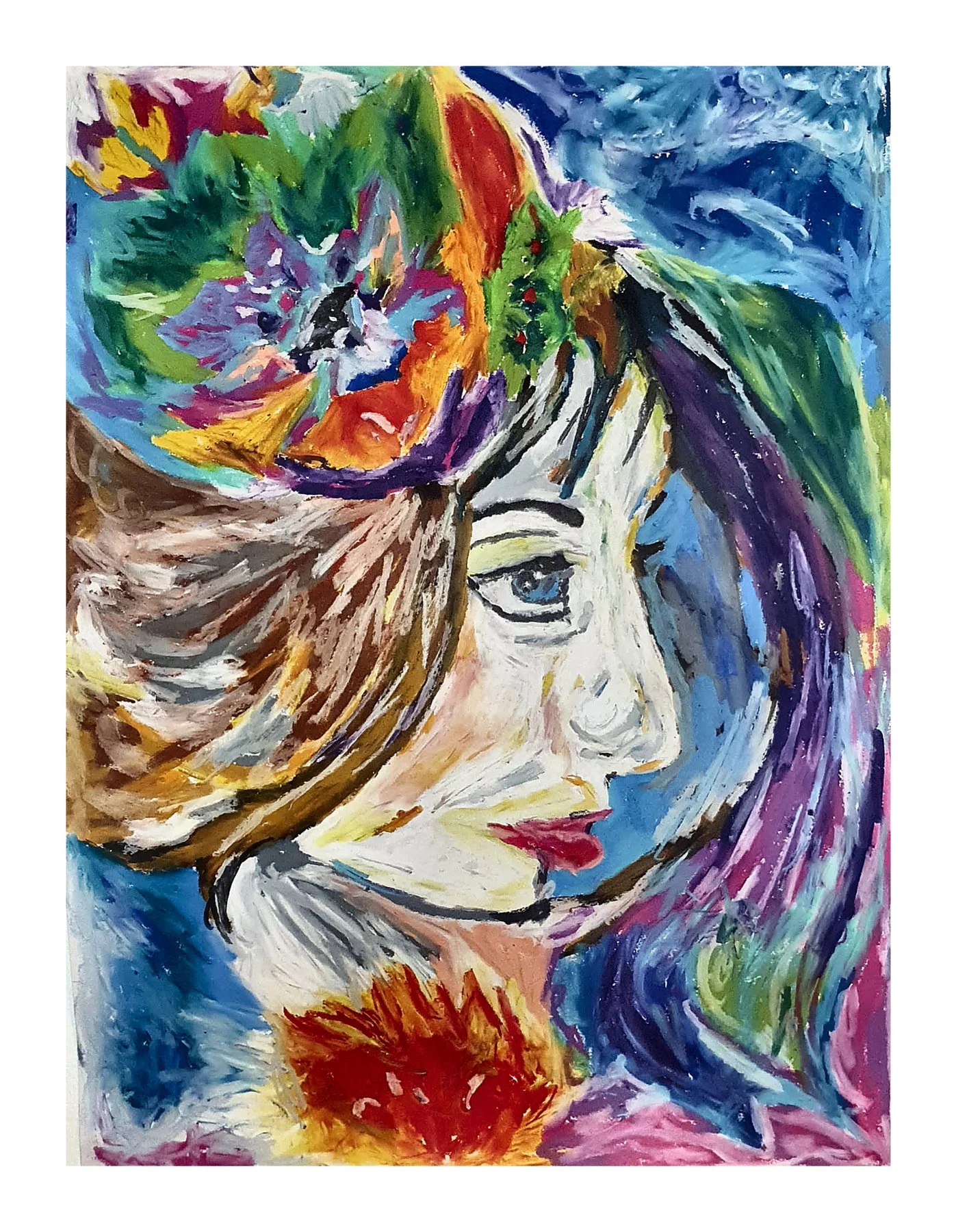 Oil pastel portrait profile with swirling hair-like strokes and bright color around the face.