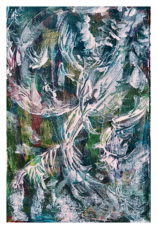 Acrylic abstract with pale green, white, black, and pink textured strokes.