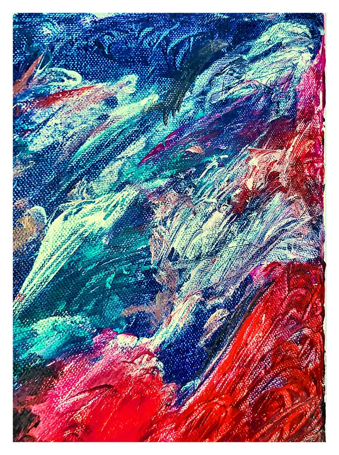 Acrylic abstract with sweeping blue, teal, red, and white textured strokes.
