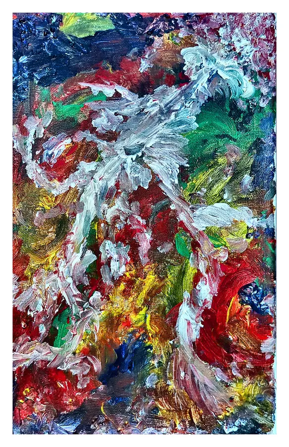 Acrylic abstract with dense red, white, blue, green, and black textured marks.