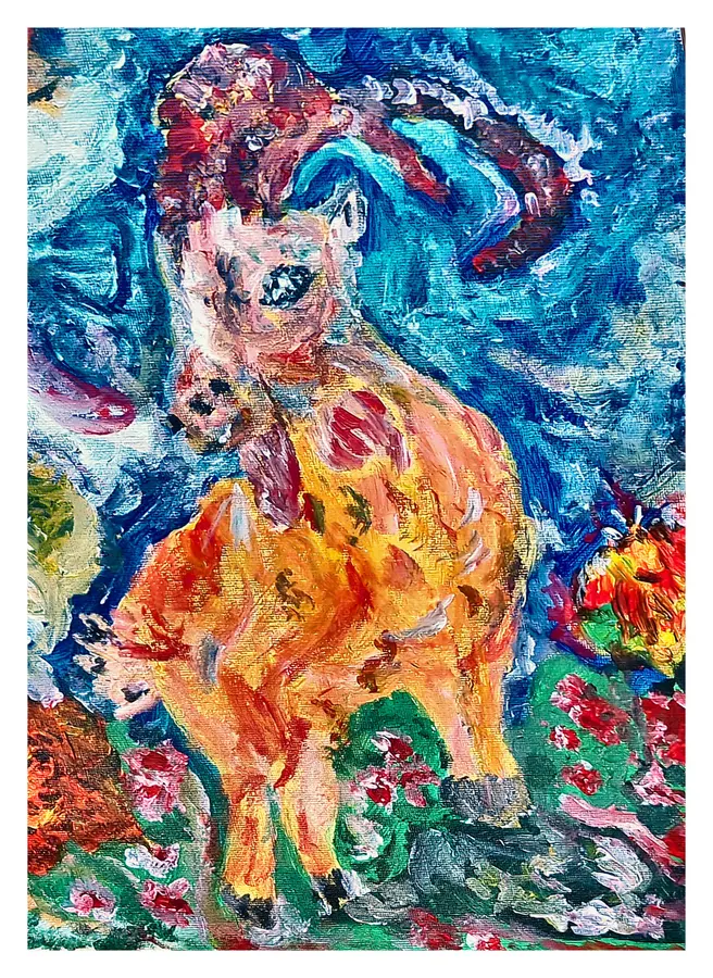 Young horned goat painted in acrylic with an orange body against a swirling blue sky and flowers.