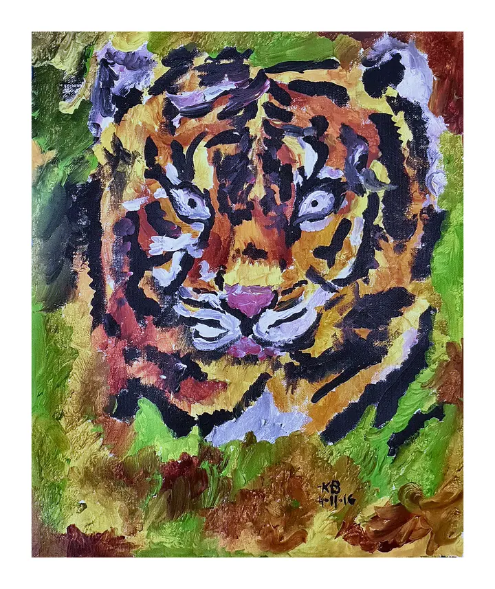 Acrylic tiger face with orange, black, purple, and green textured brushwork.