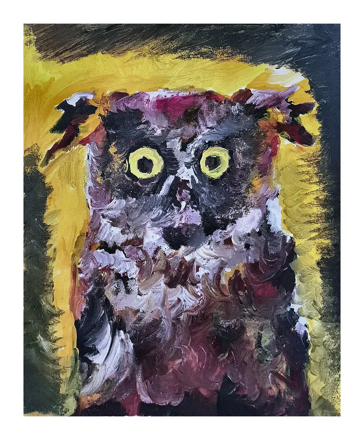 Acrylic owl with wide yellow eyes, dark purple body, and warm yellow background.