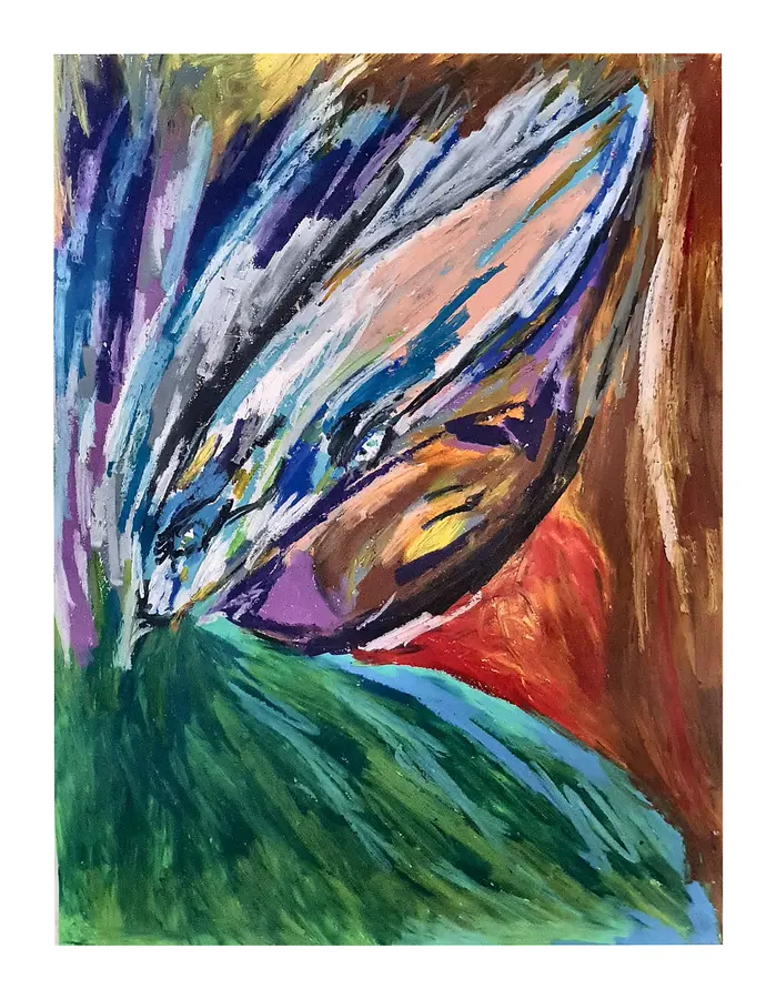 Vertical oil pastel abstract with wing-like blue, green, red, and ochre strokes.