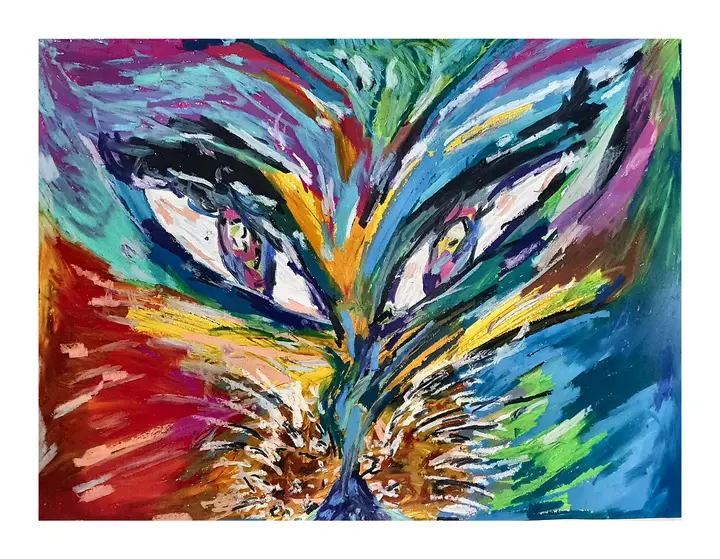 Landscape oil pastel abstract with a mask-like form made from rainbow strokes.