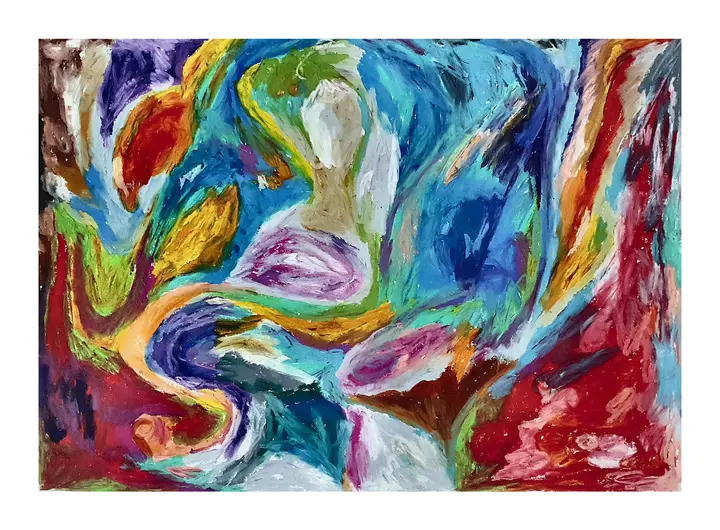 Landscape oil pastel abstract with blue, red, green, and yellow strokes flowing across the page.