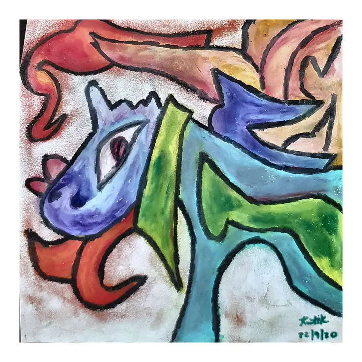 Abstract horse-like figure in oil pastel with red, blue, green, and purple outlines.