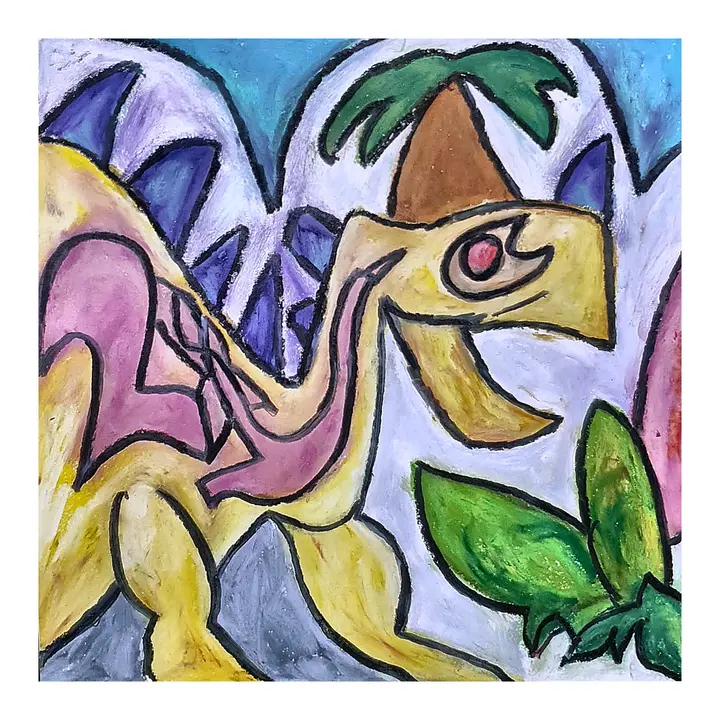 Oil pastel animal-like winged figure with purple wings, green shapes, and a yellow face.