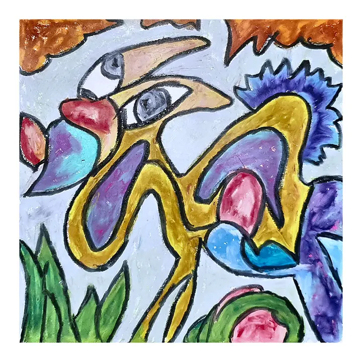 Oil pastel bird-like figure with yellow body, blue head, pink accents, and green leaves.