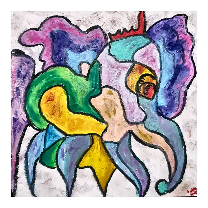 Oil pastel composition with two abstract animal-like figures in yellow, purple, green, and pink.