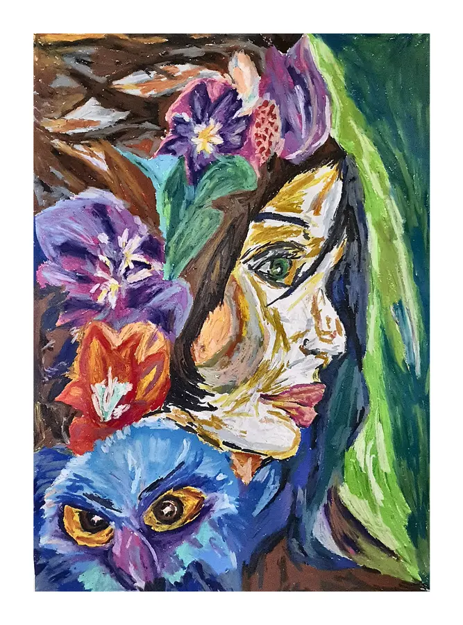 Oil pastel face partly surrounded by flowers and a small blue mask-like animal form.