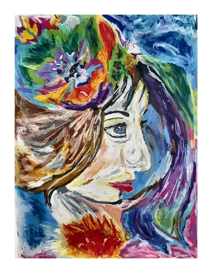 Oil pastel portrait profile with swirling hair-like strokes and bright color around the face.