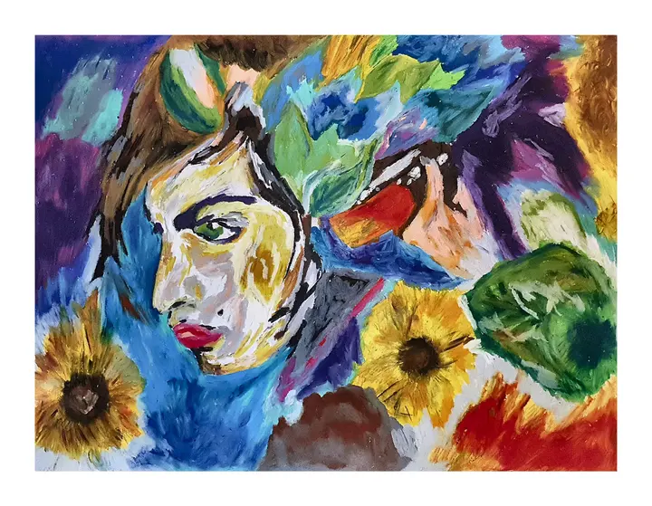 Oil pastel face surrounded by sunflowers, leaves, blue shadows, and warm background color.