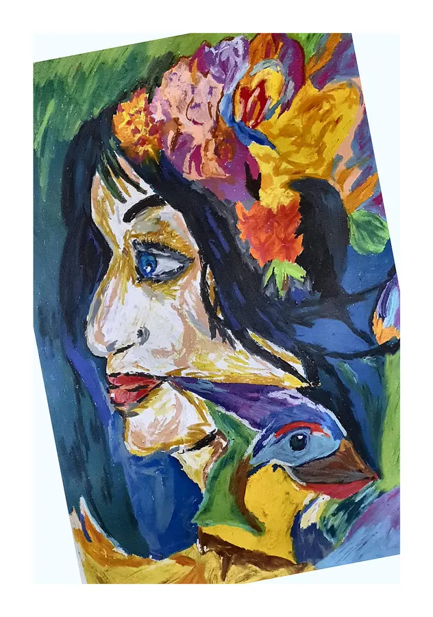Side-profile portrait in oil pastel with blue face, black hair, and orange floral forms.
