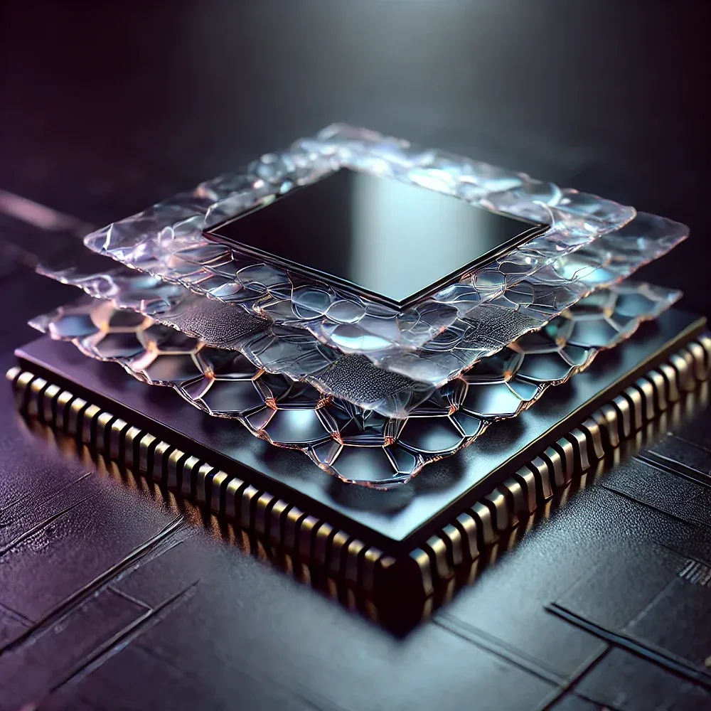 Abstract illustration of atomically thin materials for semiconductor manufacturing.